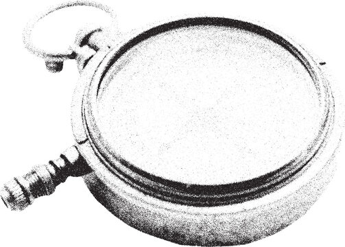 Black and White Xerox Effect Vector Illustration of a Vintage Pocket Watch Timepiece Clock Face Design Element for Retro or Antique Themes Grainy Texture Style Ideal for Logo Graphic Design Projects