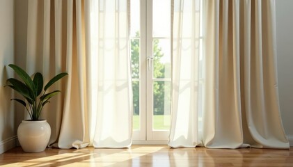 Cream linen curtains, natural light streaming through, soft, light