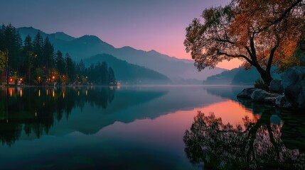 Serene nature landscape with river and mountains at dawn tranquil environment scenic view