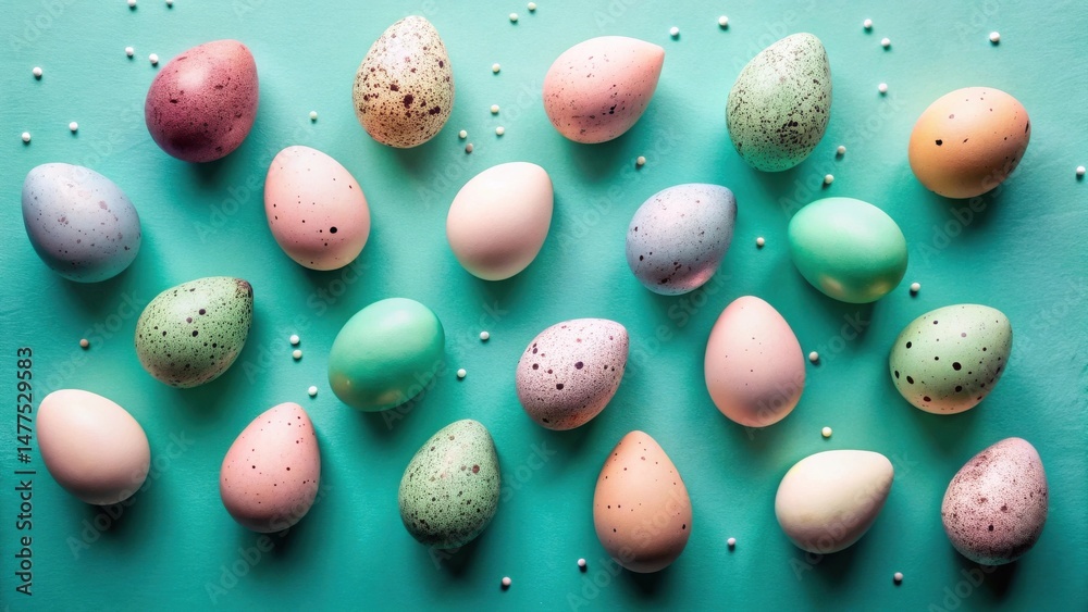 Poster pastel-colored speckled eggs arranged on a teal background, interspersed with small white beads, cre
