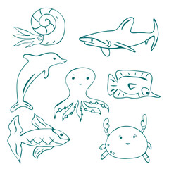 Sea World Life doodle line set. Hand drawn childlike graphic, ink brush contour stroke isolated elements. Cartoon sketch style drawing design, outline cute illustration, white background. Vector