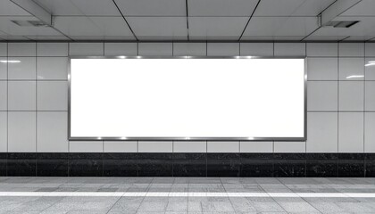 White Billboard in Metro Station - Billboard at Train Stop in Metropolis - Background for Mockup and Placement for Advertisement - Horizontal Blank Poster Whitebox Template