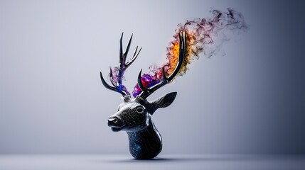 Abstract stag head, vibrant colored smoke
