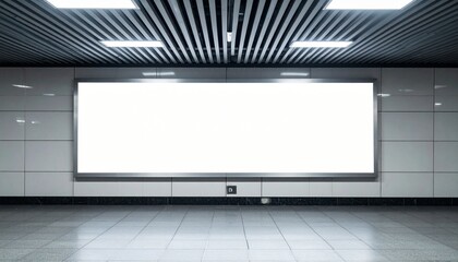 White Billboard in Metro Station - Billboard at Train Stop in Metropolis - Background for Mockup and Placement for Advertisement - Horizontal Blank Poster Whitebox Template