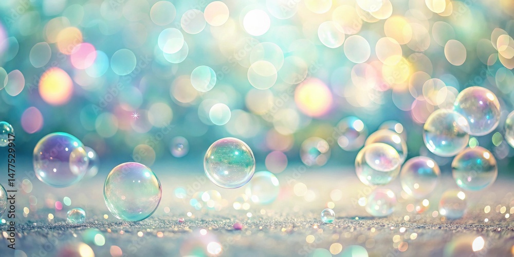 Poster dreamy iridescent soap bubbles floating on a sparkling surface, illuminated by a soft, colorful ligh
