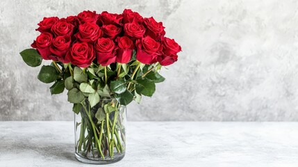 Obraz premium Beautiful bouquet of red roses in glass vase with green leaves on neutral background