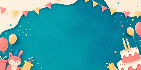 Colorful Birthday Celebration with Balloons, Cake and Fun Party Decorations on a rustic green background