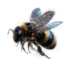 A floating 3D bee with detailed fur on its abdomen, surrounded by glowing particles that enhance its motion, isolated with white background.
