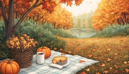 Serene autumn picnic scene with vibrant leaves and cozy treats.