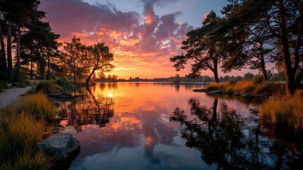 Obraz premium Serene sunset over tranquil lake nature scene reflections in water peaceful environment