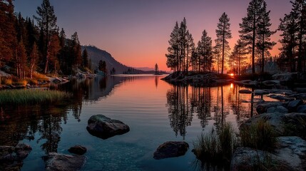 Obraz premium Tranquil lake sunset reflections national park nature photography serene environment peaceful view