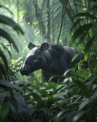 Tapir standing alert in dense tropical rainforest under sunbeams