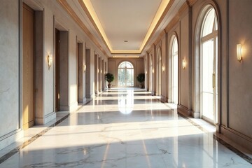 Obraz premium Gleaming marble floors in a spacious hallway, reflecting light , bright, commercial, flooring
