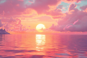 Serene Sunset Over Tranquil Ocean with Pink and Purple Hues