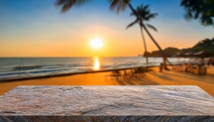 Naklejka premium polished stone countertop and blurred defocused tropical beachside bar background with golden hour sunlight product montage display
