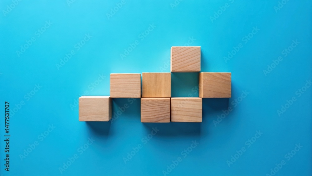 Poster unassembled wooden blocks arranged in a unique pattern on a vibrant blue background, showcasing pote