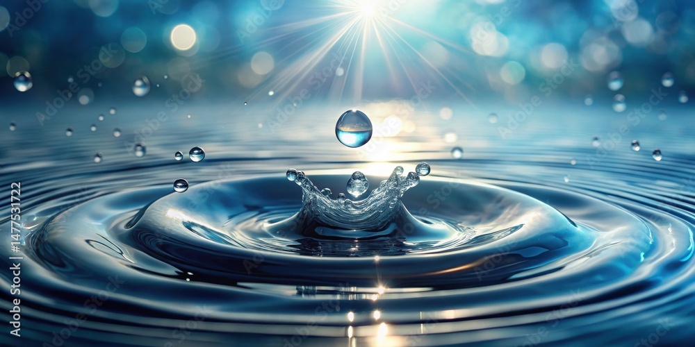 Poster a single drop of water impacting a tranquil surface, creating mesmerizing concentric ripples under a