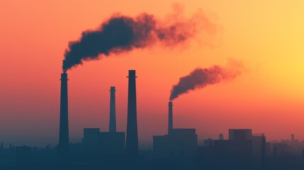 Obraz premium Smokestacks emit dark pollution into the air at sunset, highlighting industrial impact on the environment and air quality.