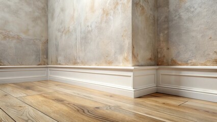 Naklejka premium White baseboard molding in corner against textured wall with light wood flooring