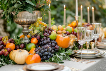 Generative AI image of elegant restaurant table setup for celebration dinner including birthday party wedding christmas and romantic anniversary