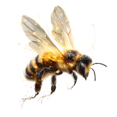 A gorgeous, animated bee with glowing, translucent wings, flying gracefully through the air with soft, sparkling trails following its motion, isolated with white background.
