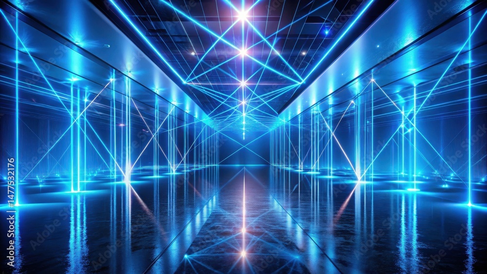 Poster abstract futuristic corridor with bright neon laser light grid and reflective floor