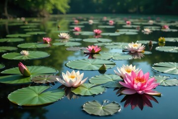 Water lilies forming a natural floral pattern across a lake, pattern, water, reflection