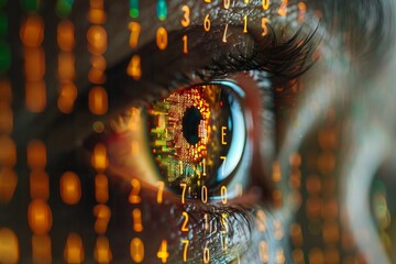 Eye observing digital code with vivid colors, showcasing technology and innovation in data processing
