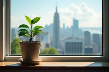 Fototapeta premium Single plant in pot on windowsill, overlooking city, view, high-rise, urban isolation