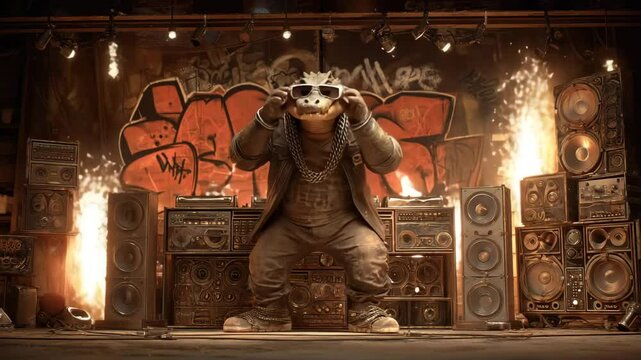 Edgy badger DJ in a gritty underground club, surrounded by vintage speakers, fire effects, and graffiti walls, delivering intense street party energy.

