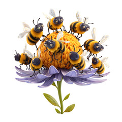 A group of cartoon bees all working together in perfect harmony on a single flower, isolated with white background.