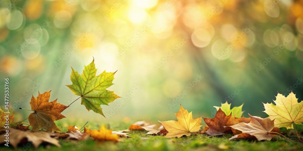 Poster Serene Autumnal Scene Golden and Green Maple Leaves Resting on Lush Ground with Soft Sunlight Filtering Through the Trees