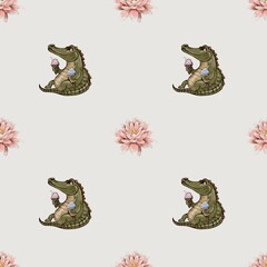 Colorful seamless pattern featuring crocodiles enjoying ice cream with floral accents