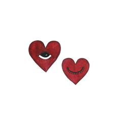 Red hearts with all-seeing human eye and sleeping cute illustration, love hearts watercolor drawing, Saint Valentines day illustration elements for design isolated on white background