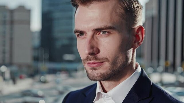 Confident young businessman standing in urban city center, surveying modern architecture and contemplating professional opportunities with strategic vision and ambitious mindset