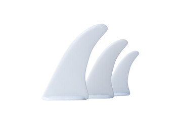 Three white surfboard fins isolated on a transparent background vector, showcasing surfing equipment and water sport gear for ocean adventures