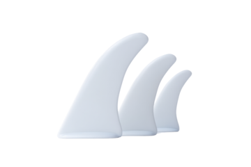 Three white surfboard fins isolated on a transparent background vector, showcasing surfing equipment and water sport gear for ocean adventures