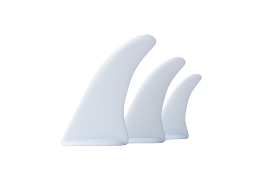 Three white surfboard fins isolated on a transparent background vector, showcasing surfing equipment and water sport gear for ocean adventures
