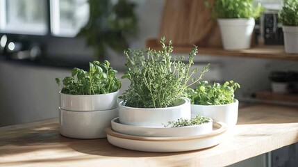 Homegrown herbs in kitchen dishes.