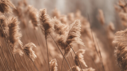 Fototapeta premium Pampas grass swaying in soft pastel hues, a dreamy boho landscape of serene natural beauty