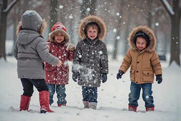 Grupo de niños felices bien abrigados jugando con bolas de nieve en el parque