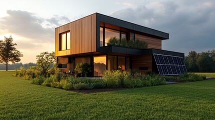 Obraz premium Modern home with solar panels stands amidst green grass and lush vegetation under an evening sky glow.
