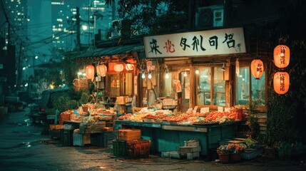Obraz premium Neonlit cyberpunk market vendors urban street photography nighttime close-up vibrant atmosphere