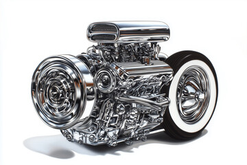 Detailed Internal Combustion Engine With Whitewall Tires On A White Background