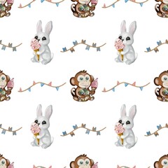 Colorful crocodile and monkey ice cream pattern for fun textile designs