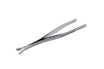 Stainless steel tweezers on black background, angled view Concept of medical equipment, beauty, and precision tools