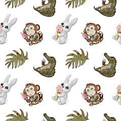 Crocodile and monkey enjoying ice cream in a colorful watercolor pattern design