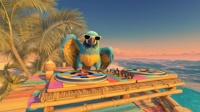Colorful parrot DJ with sunglasses spinning tunes on a bamboo deck by the tropical beach at sunset, radiating summer vibes and fun.

