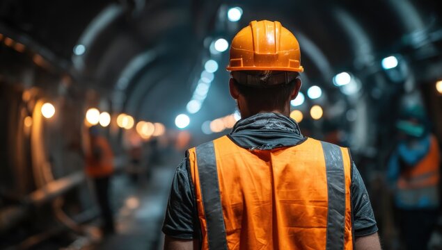 Fototapeta Worker in Safety Gear Observing Underground Tunnel Construction Site