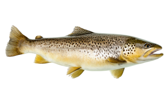 Freshly caught brown trout fish with detailed spots on a transparent background vector, showcasing wildlife and angling
